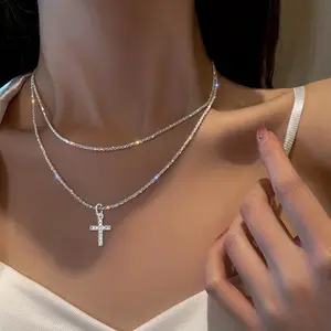 Fine Jewelry Niche Design 925 Sterling Silver Cross Pendant Collarbone Chain Necklace Versatile Double Layered Necklace Women