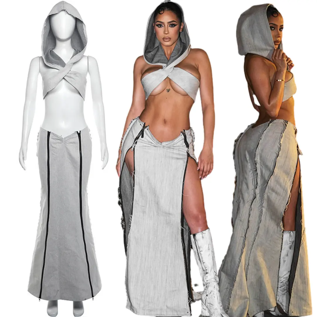 2024 Women 2 Pieces Irregular Crop Top Hoodie Tube Top And Skirt Set Sexy Street Style Low-Rise Zipper High Split Fishtail Dress