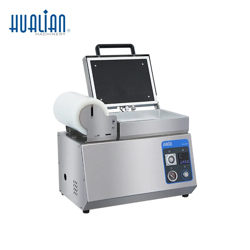 HVT-240TS Hualian Small Size Food Meat Map Tray Sealer Vacuum Film Skin Thermoforming Packaging Sealing Machine