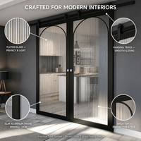 Porte coulissante de grange en verre cannelé noir, double panneau, design arqué, rail lisse, cloison de séparation en verre pour cuisine, maison, bureau