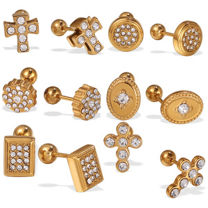 ต่างหูสแตนเลสชุบทอง 18K ประดับด้วยไรน์สโตนรูปทรงกากบาทเครื่องประดับแฟชั่นสำหรับผู้หญิง - Product Image 5