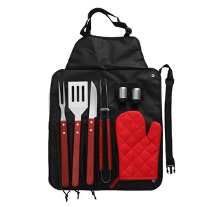 Juego de Utensilios para Barbacoa con Mango de Madera, Juego de 8 Piezas de Acero Inoxidable, Cuchillo, Tenedor, Espátula, Pinzas, Pala, Pinza para Guantes - Product Image 1