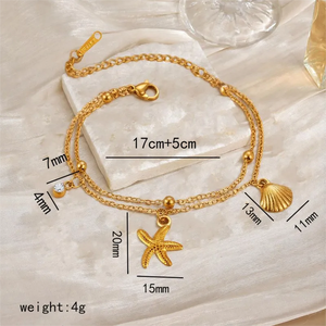 Elegante Brazalete Chapado en Oro Real de 18K Hecho de Acero Inoxidable 304 con Incrustaciones de Circonita en Forma de Estrella de Mar y Concha de Doble Capa - Product Image 5