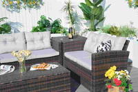 Ensemble de canapé de table carrée d'extérieur tissé en rotin Table à manger et chaise Canapé de jardin confortable à sept places