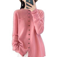 Kardigan Retro Solid 100% Wol untuk Musim Gugur dengan Ujung Berlipat dan Saku, Atasan Rajut Anti Kusut Bergaya Santai Sederhana