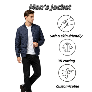 Blouson Bomber Matelassé Homme Bleu Marine en Polyester Doublé Coton, Fermeture Éclair, Motif Losanges, Col, Poignets et Ourlet Côtelés, Style Décontracté Urbain - Product Image 1