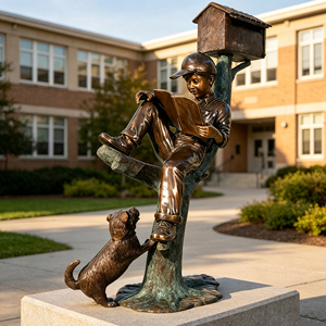 Escultura <span class=keywords><strong>de</strong></span> Bronce Fundido a Medida, Estilo Figurativo Realista, para <span class=keywords><strong>Parque</strong></span> Urbano, Niño Leyendo un <span class=keywords><strong>Libro</strong></span> con Perro y Árbol - Product Image 2