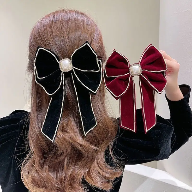 Bling Bling Red Bowknot Hair Clip Pearl Chain Inlaid With Double Long Bow Hair pins