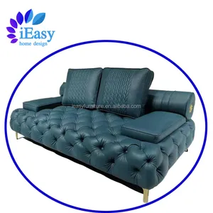 iEasy美国现代客厅家具切斯特菲尔德沙发套装3座设计蓝色纽扣簇绒皮革切斯特菲尔德沙发