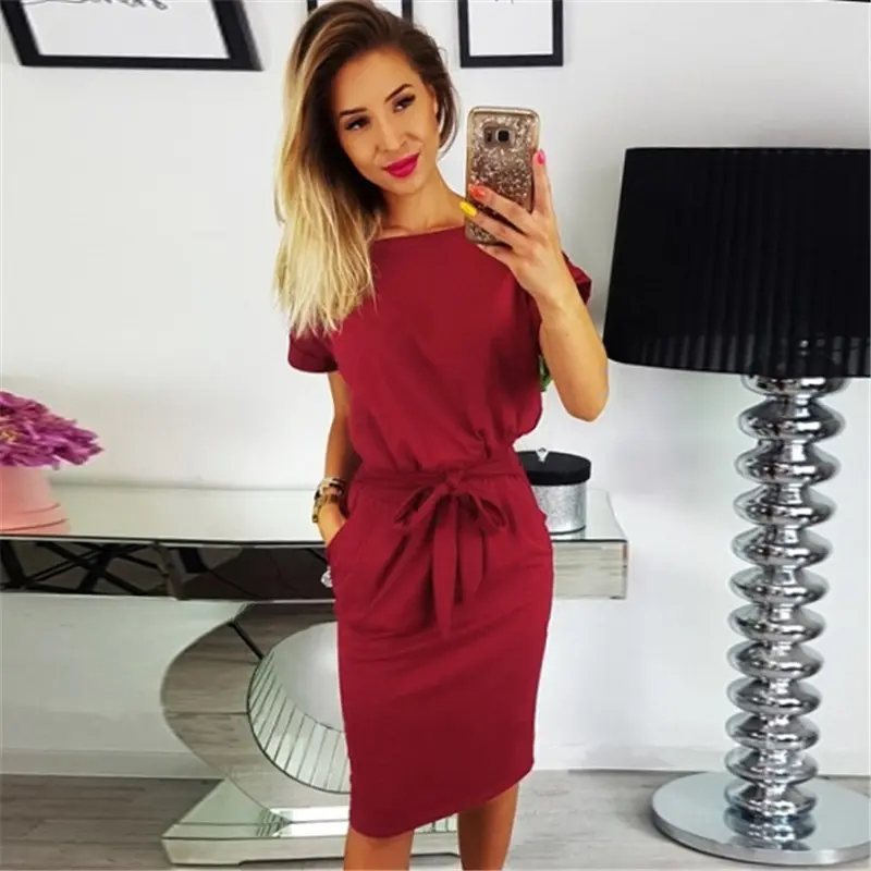 Wholesale Hot Selling Ladies Basic Crew Neck Belted Office Dress With Pockets Solid Color Sexy Short Sleeve Party Slim Dress