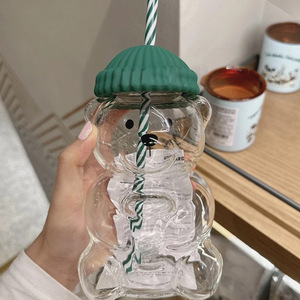 Bottiglia d'Acqua in Vetro a Forma di Orso con Cannuccia e Coperchio in Maglia, Riutilizzabile e Portatile per Bambini e Adulti - Product Image 1