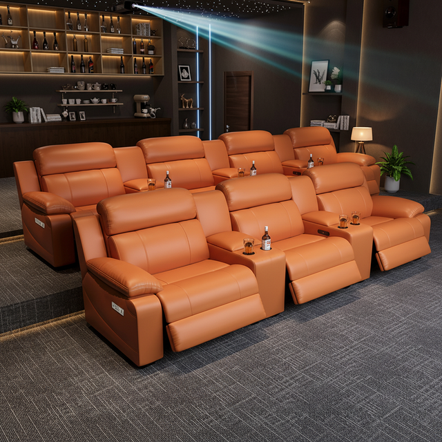 Power Recliner Sectional Home Theater Set Reclining Genuine Leather Orange LED Wall Hugger 2 Cup Couch Living Room Furniture OEM