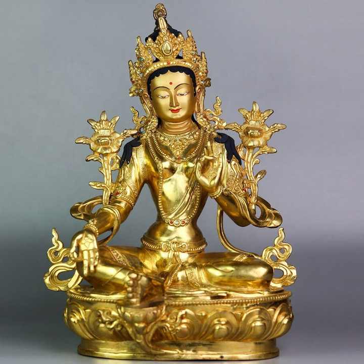 チベット仏教 緑ターラ菩薩 銅像 金めっき 真鍮製仏像 彫刻 家の装飾用
