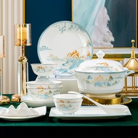 Nouvel ensemble de vaisselle en porcelaine fine de style chinois, motif paysage cyan, assiettes et bols artistiques avec soupière, idéal pour cadeau de mariage