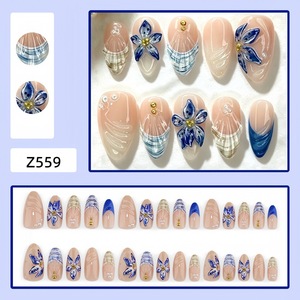 30 faux ongles amande vintage français bleus et blancs à fleurs, amovibles, à presser, pour la maison, le salon, et les fournitures de manucure DIY - Product Image 2