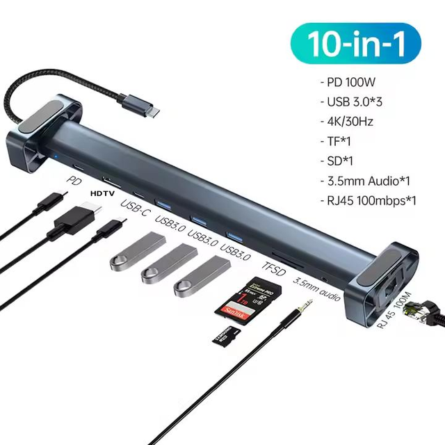 10 Port USB C Adapter Multiport Hub with 4K HD PD 100W USB 3.0 5Gbps RJ45 SD/TF Card Reader for Laptop Stand Tablet USB C Device