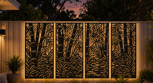 Moderna Pantalla de Jardín de Acero Cortada con Láser, 4 Paneles, Diseño Translúcido de Plantas, Valla Decorativa para Exteriores, Divisor con Estructura de Marco Fijo - Product Image 5