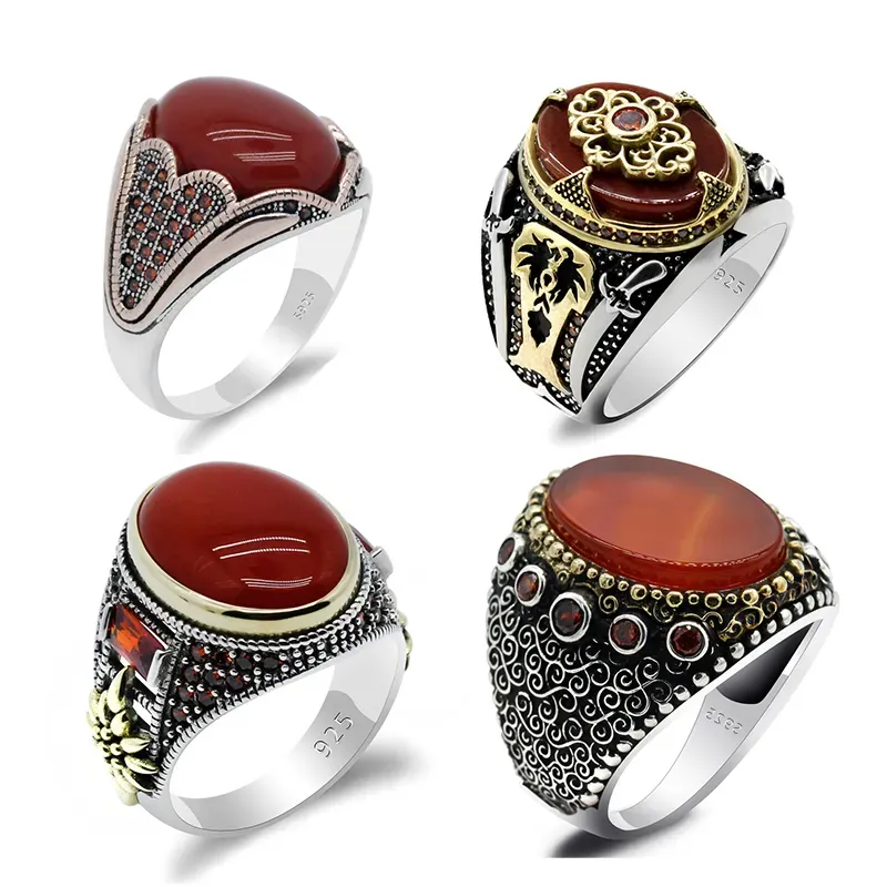 Produsen Perhiasan grosir cincin batu akik merah Yaman cincin Styling wanita pria perak murni 925 perhiasan perak S925 kustom