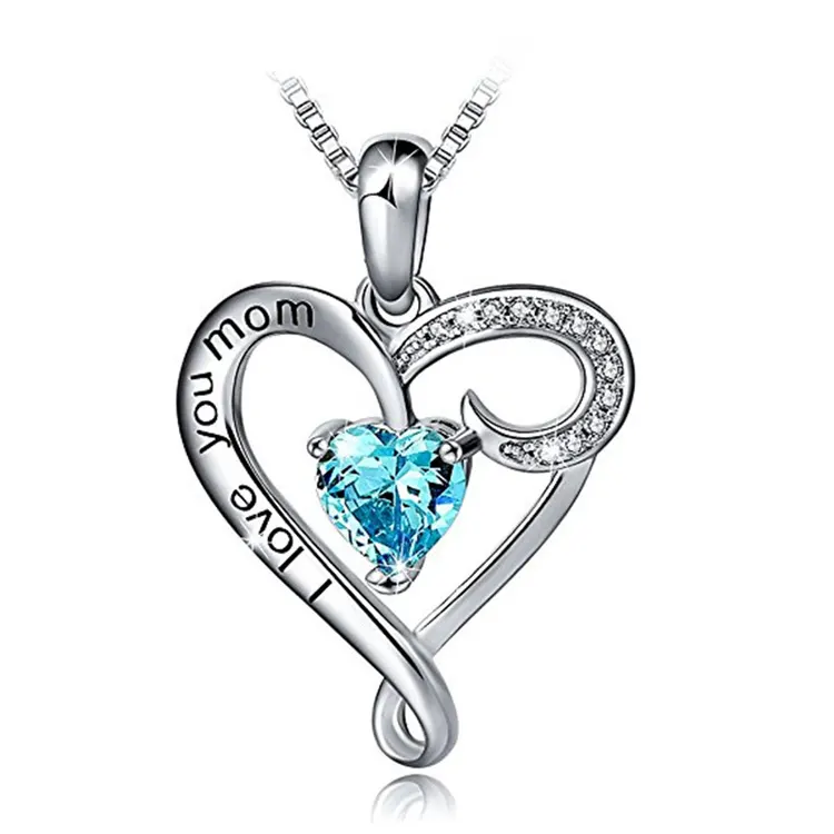 Mother's Day Jewelry I Love You Mom 925 Sterling Silver Heart Pendant Necklace