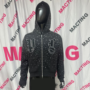 Sweat à capuche brodé de cristaux 420 g/m² en coton clouté de diamants avec fermeture éclair Boxy délavé et vieilli avec strass - Product Image 2