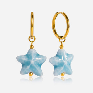Starfish Pendant Earrings Blue Ceramic Gold Hoop Women's Everyday Wear - Product Image 1
