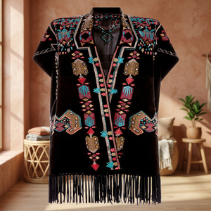 Blusa Boho de Terciopelo Negro Bordada con Flecos y Patrón Geométrico, Corte Holgado, Larga, para Fiesta, Cuello en V, Manga Corta, Talla Única - Product Image 2