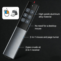Souris Air 2,4 GHz avec boîtier en alliage d'aluminium, pointeur laser rouge/vert, télécommande sans fil, récepteur USB/USB-C, portée 200 m, rechargeable