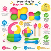 Ensemble d'alimentation pour bébé en silicone motif papillon : assiette à ventouse, bavoir, tasse d'apprentissage, cuillère, fourchette, vaisselle pour enfants