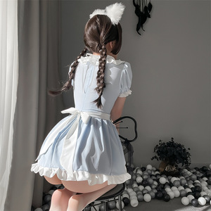 Lolita robe mignon bleu à volants tenue de femme de chambre fille japonaise Cosplay Sexy Lingerie Costumes tablier uniforme jupe ensemble Kawaii chemise de nuit - Product Image 4