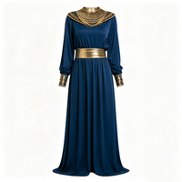 Robe de déesse égyptienne modeste à couvrance totale, bleu marine, avec garniture dorée, manches longues, longueur ras du sol, costume Cléopâtre