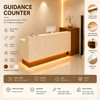 Bureau de réception moderne en MDF avec éclairage LED, forme octogonale, personnalisable pour hôtel, bureau, école, centre commercial, salon de beauté, immeuble de bureaux