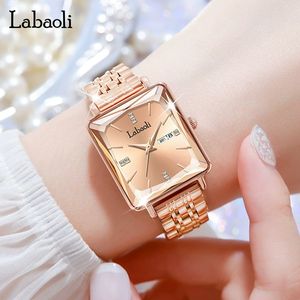 LABAOLI LA258, reloj de pulsera cronógrafo de lujo sencillo deportivo de acero inoxidable cuadrado azul resistente al agua para mujer con calendario, fecha automática - Product Image 2
