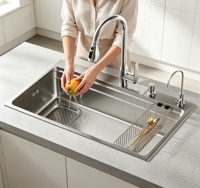 Évier de cuisine monobac en acier inoxydable avec rince-verre, robinet extractible et eau filtrée pour usage en cuisine