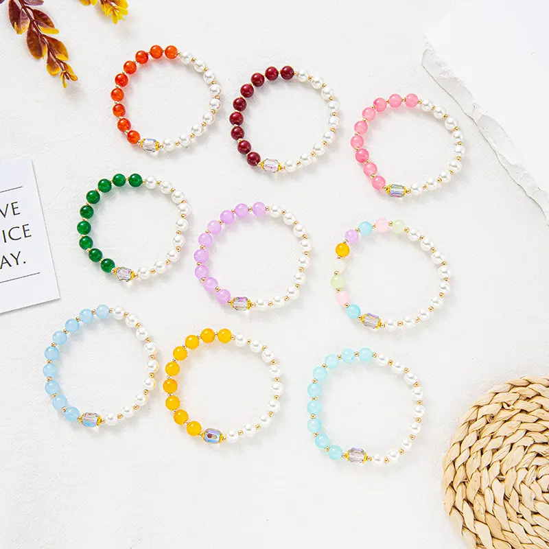 Hot sale Imitation pearl crystal bracelet Colorful plastic beads Hand string for girls