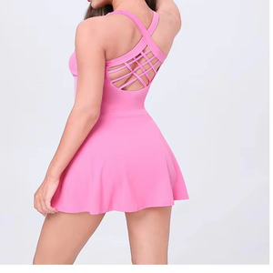 HUACHEN Abbigliamento da Tennis: Abito Dorato con Schiena Incrociata, Gonna Corta da Badminton, Tuta Fitness con Pantaloncini, Linea ad A, Vita Alta - Product Image 3