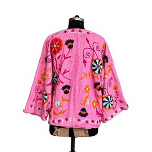 <b>Pink</b> Boho Floral Embroidered Handcrafted Cotton Jacket Cape <b>Shrug</b> Summer Spring Breathable V-neck Flare Sleeve Thin - Product Image 4