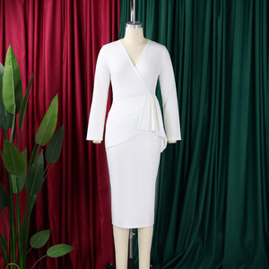 Ultimo Modello di Abito Casual Autunnale con Scollo a V, Maniche Lunghe e Arricciature, Elegante Vestito da Ufficio per <span class=keywords><strong>Donne</strong></span> Africane - Product Image 6