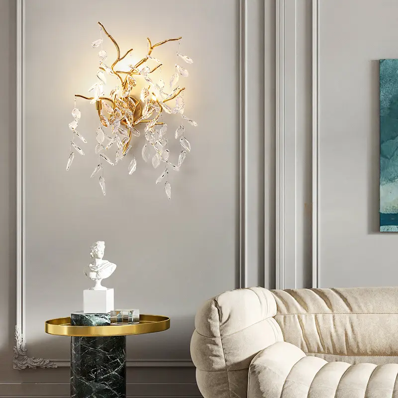 Luminária de parede luxuosa francesa para sala de estar, restaurante, quarto, encaixe na parede, galho de árvore, suporte de cristal luxuoso