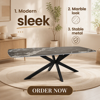 Table à manger rectangulaire en pierre frittée avec pieds en métal noir en forme d'araignée, mobilier de salle à manger moderne en dalle de roche, support OEM