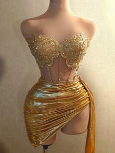 Elegant Women's 2Piece Set Sey Backless Corset Mini Dress Strapless <b>Sequin</b> <b>Top</b> Skirts Crystal for Formal Club - Product Image 2