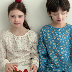 Pijamas de manga larga de gasa de punto de algodón puro con patrón de dibujos animados para mujeres, hombres, niños, cintura elástica, tallas medianas y grandes para el hogar - Product Image 2