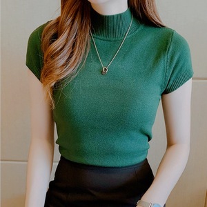 Suéter de Malha Feminino Estilo Coreano com Gola Alta e Manga Curta, Novo, Elegante, Fino e Modelador, Blusa Base Curta para o Verão - Product Image 4