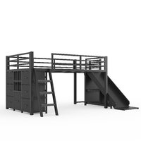 Lit superposé moderne en métal avec toboggan, échelle, tiroirs de rangement, armoire suspendue et bande LED noire pour chambre d'enfants et adolescents