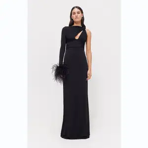 A8601 Latest Fashion Women Prom Dress Single sleeve Ostrich Feathers Black Ladies Women Evening Maxi Dress 2024