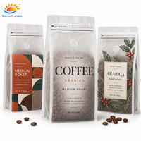 Emballage personnalisé pour grains de café à fond plat et finition mate avec valve de dégazage et pochette à fermeture éclair pour le stockage des grains de café