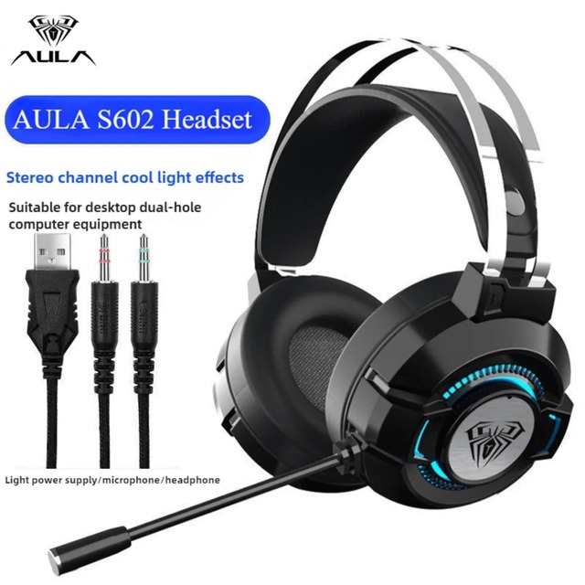 AULA S602 Over-Ear Travel Gaming Headset Mic 7.1 Stereo SVirtual Surround Bass RGB Light Wired Noise Cancelling