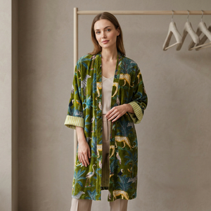 Robe kimono en velours vert à imprimé animal, veste à manches longues, vêtements pour femmes été hiver printemps, 100% velours de coton - Product Image 1