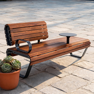 Banc de jardin en bois massif avec table latérale intégrée, structure en métal noir courbé, 3 places, pour espaces publics et jardins - Product Image 4