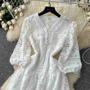 Vestido Midi Casual Vintage de Invierno 2024 para Mujer, Vestido de Encaje con Mangas Farol y Escote Redondo, Color Blanco - Product Image 2