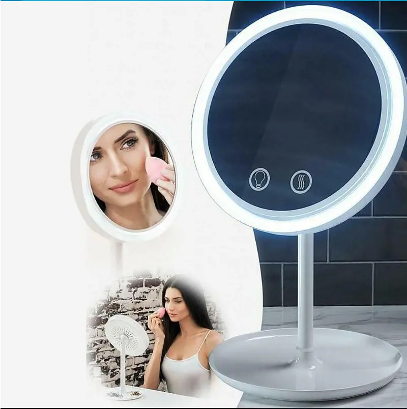 Espejo de maquillaje LED con ventiladores Espejo de escritorio iluminado portátil Recargable por USB Espejo cosmético Luces LED con ventiladores